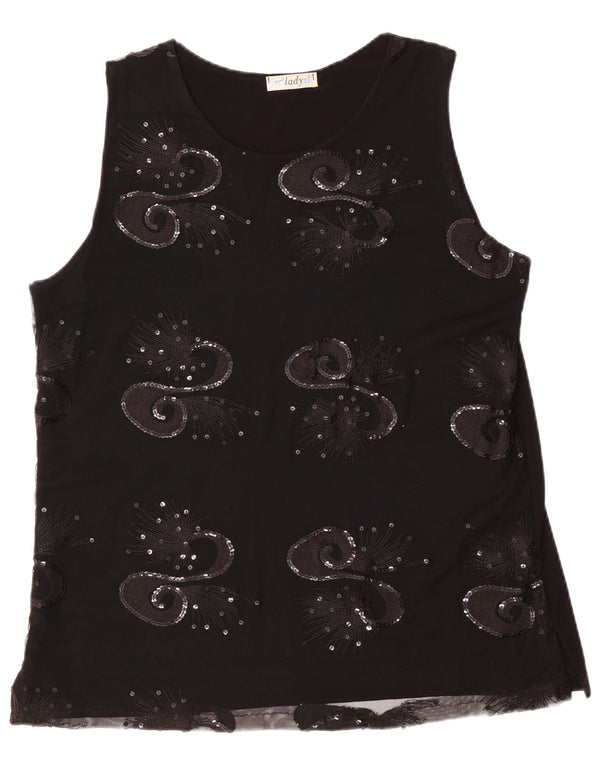 Vintage Damen Ärmelloses Blusentop UK 16 Große schwarze Paisley-Viskose