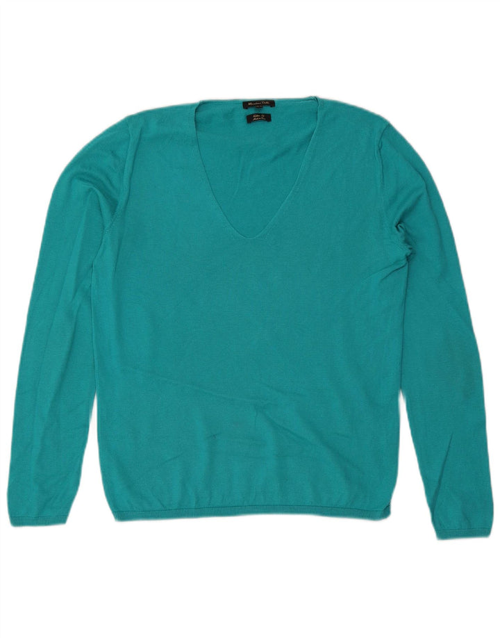Massimo Dutti Damen-Pullover mit V-Ausschnitt, UK 12, mittelblaue Baumwolle