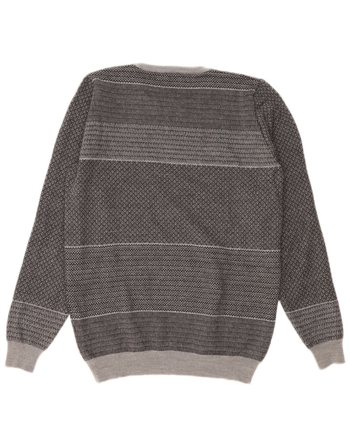 Vintage Herren-Pullover mit Rundhalsausschnitt, klein, grau gestreift, Schurwolle
