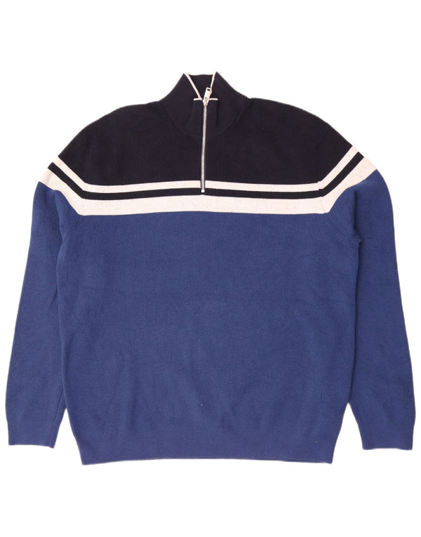 Marks & Spencer Herren-Pullover mit Reißverschluss am Hals, 2XL, blau gestreift, Polyester