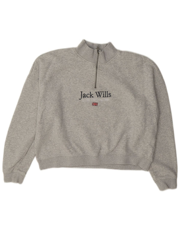 Jack Wills Damen Crop Graphic Zip Neck Sweatshirt Pullover UK 14 Large Grau