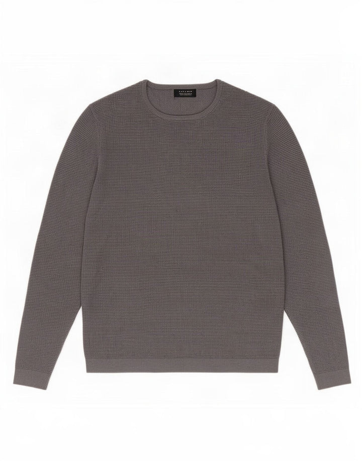Zara Herren-Pullover mit Rundhalsausschnitt, mittelgraue Baumwolle