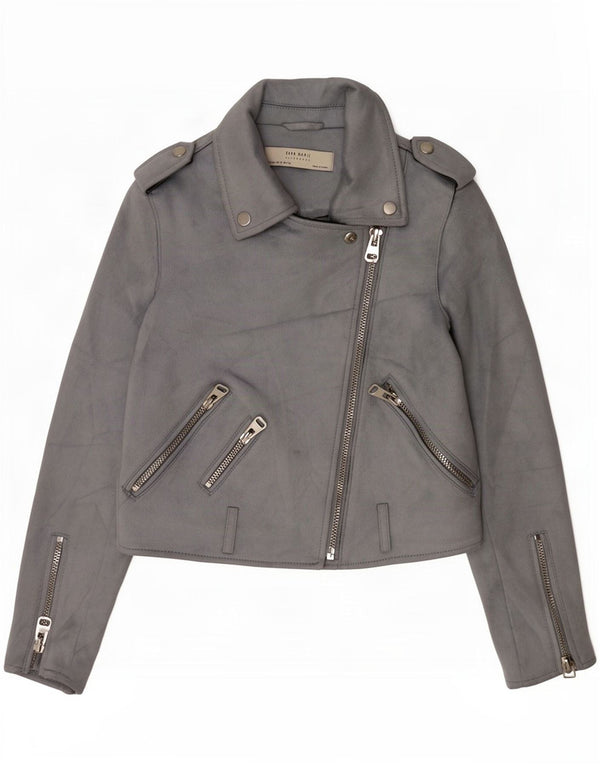 Zara Damen Military Crop Faux Wildleder Bikerjacke UK 6 XS Grau Polyester
