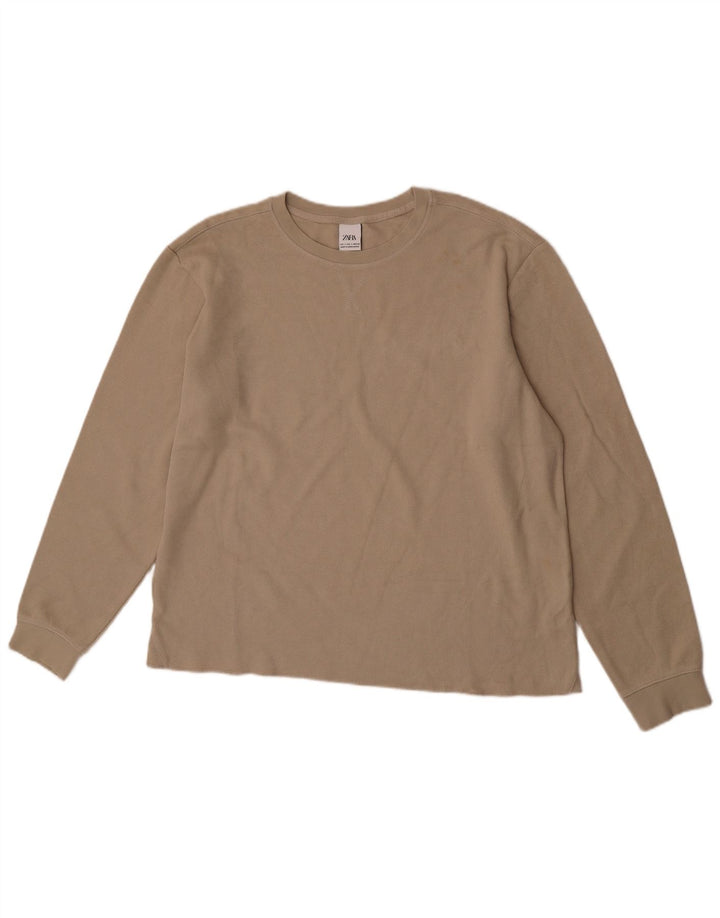 Zara Herren-Oberteil, langärmelig, groß, Beige, Baumwolle