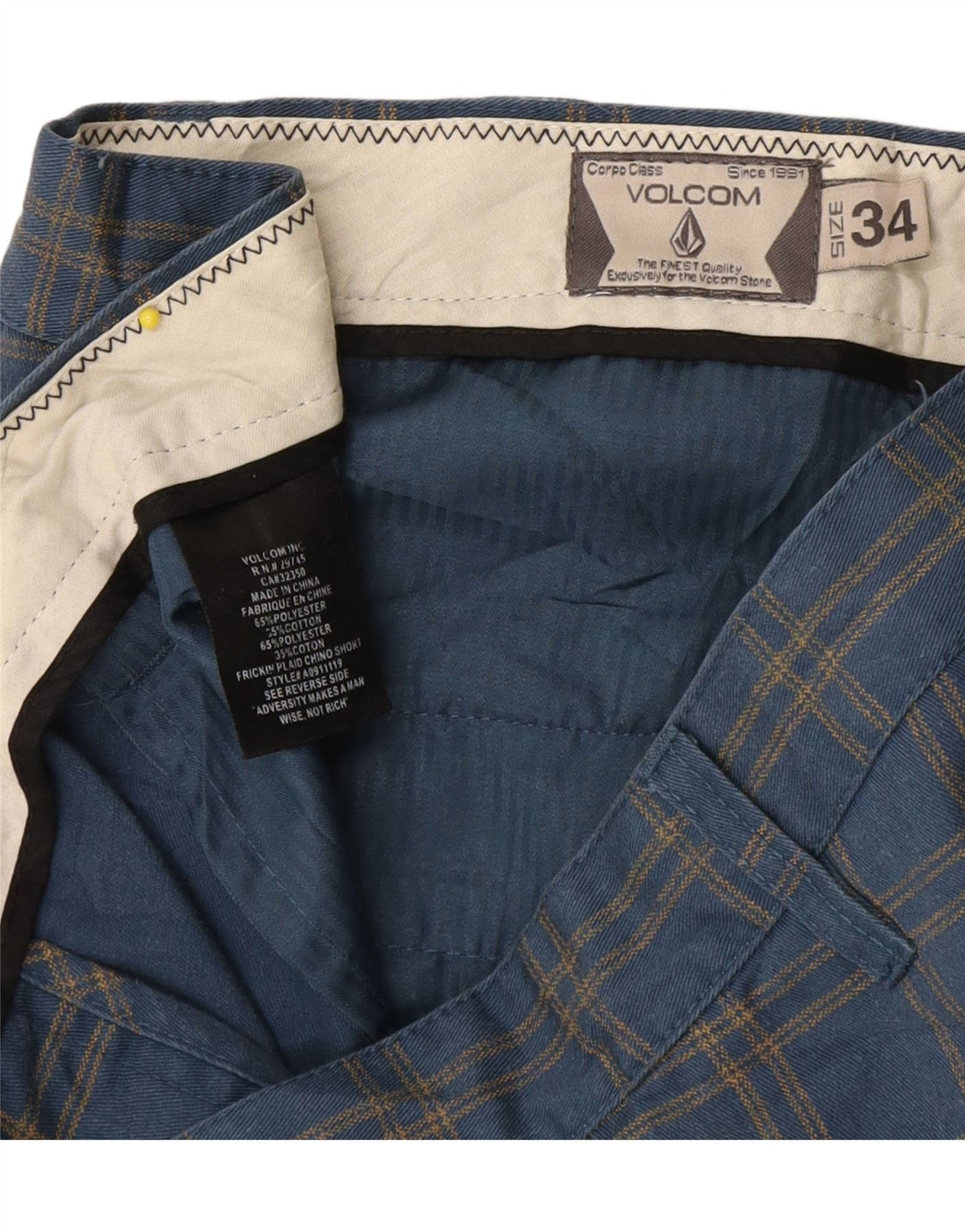 Volcom Herren-Chinoshorts W34, großes, blau kariertes Polyester