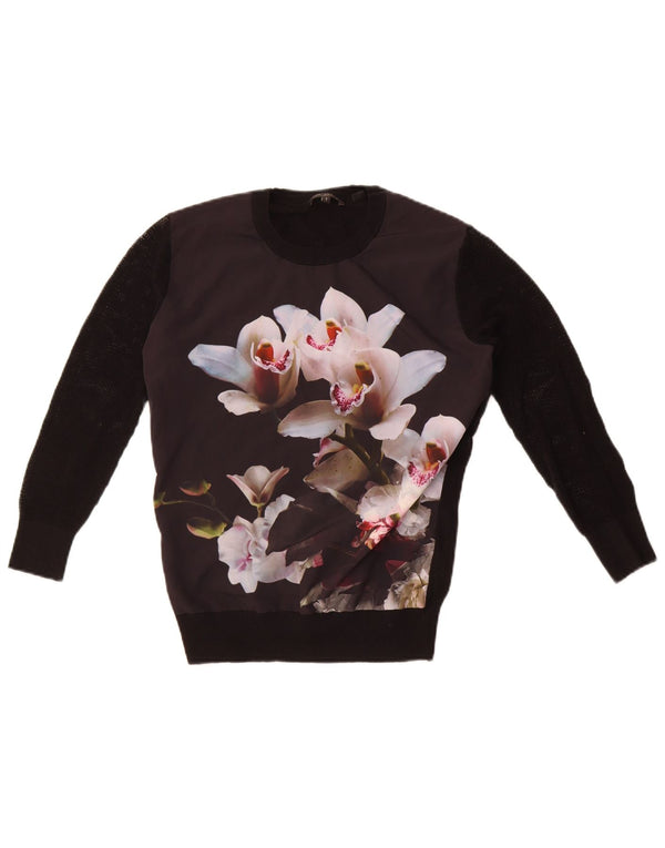 Ted Baker Damen-Pullover mit Rundhalsausschnitt, Größe 1 XS, schwarze Baumwolle mit Blumenmuster