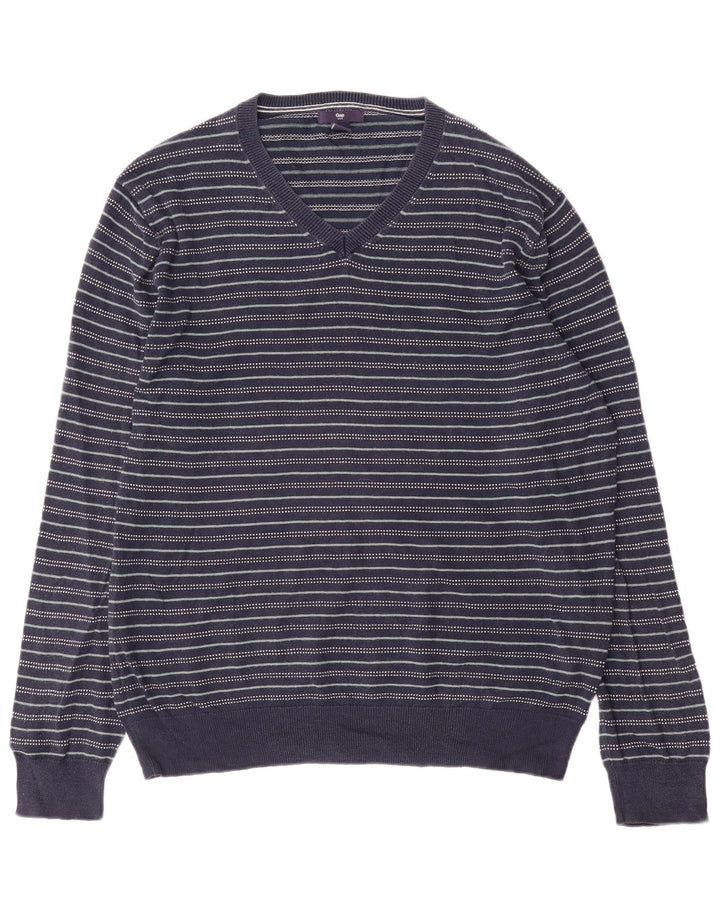 Gap Herren-Pullover mit V-Ausschnitt aus mittelblauer, gestreifter Baumwolle