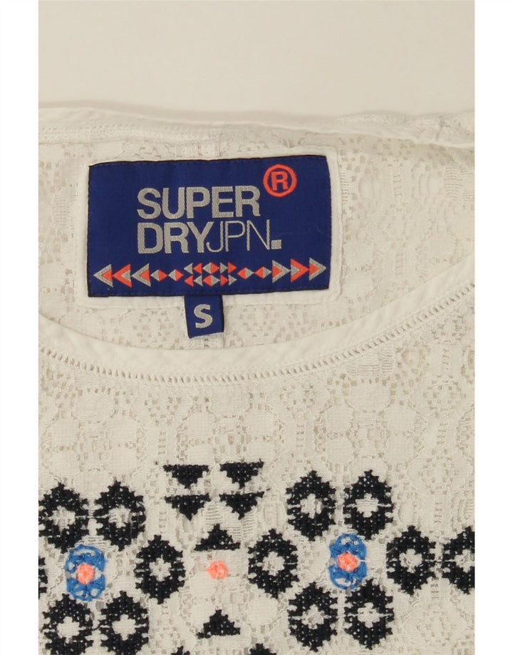 SUPERDRY Womens See Through Lace Blouse Top UK 10 Small White Geometric Vintage Superdry and Second-Hand Superdry from Messina Hembry 