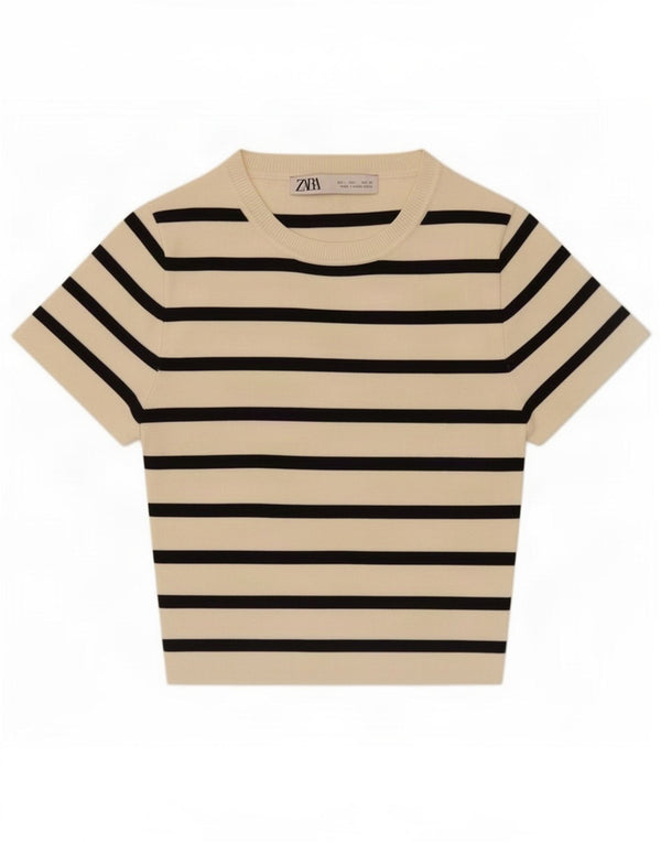 Zara Damen Crop T-Shirt Top UK 14 Large Beige gestreift
