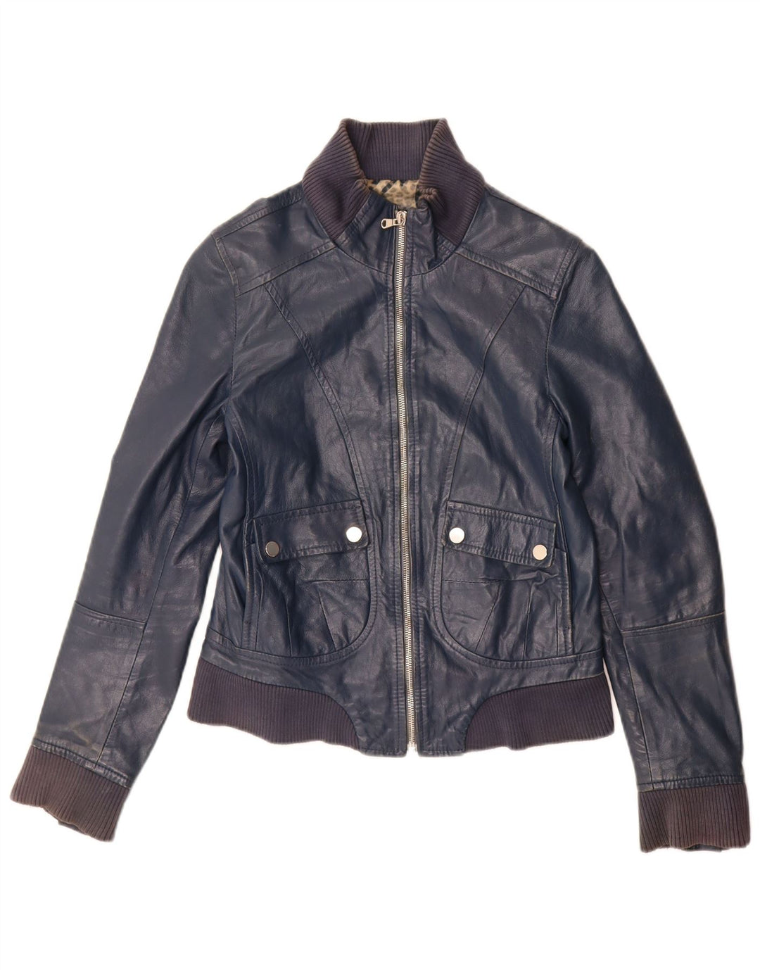 Vintage Damen Crop Lederjacke IT 44 Medium Marineblaues Leder
