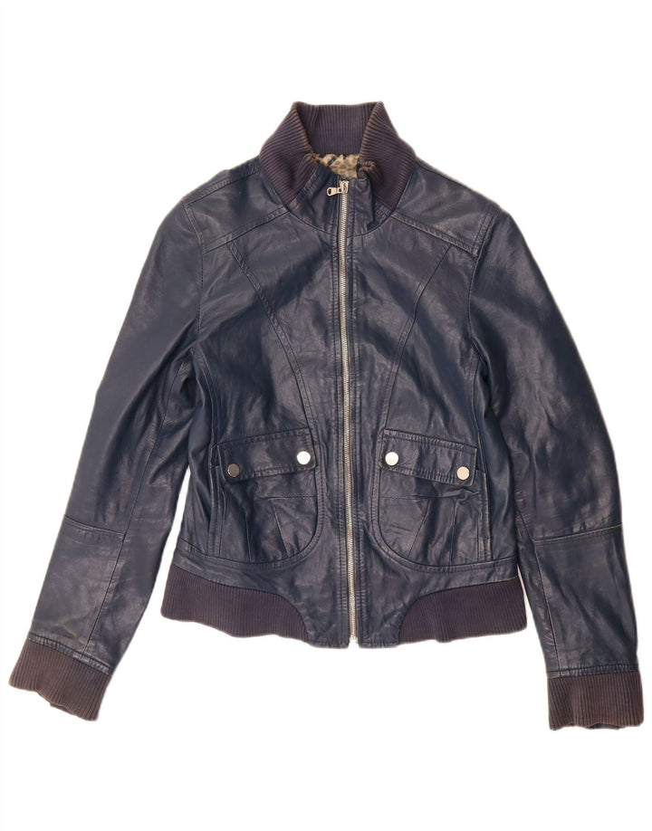 Vintage Damen Crop Lederjacke IT 44 Medium Marineblaues Leder