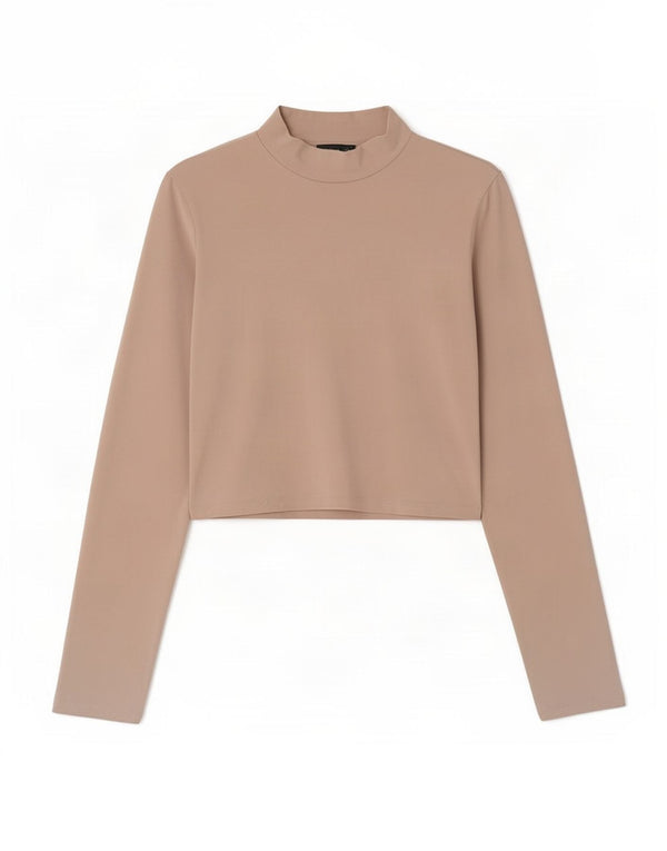 Zara Damen Crop Top Langarm UK 10 Small Beige Baumwolle