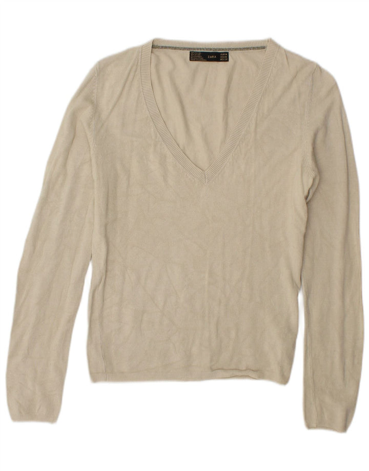 Zara Damen-Pullover mit V-Ausschnitt, UK 14, Medium Beige Rayon