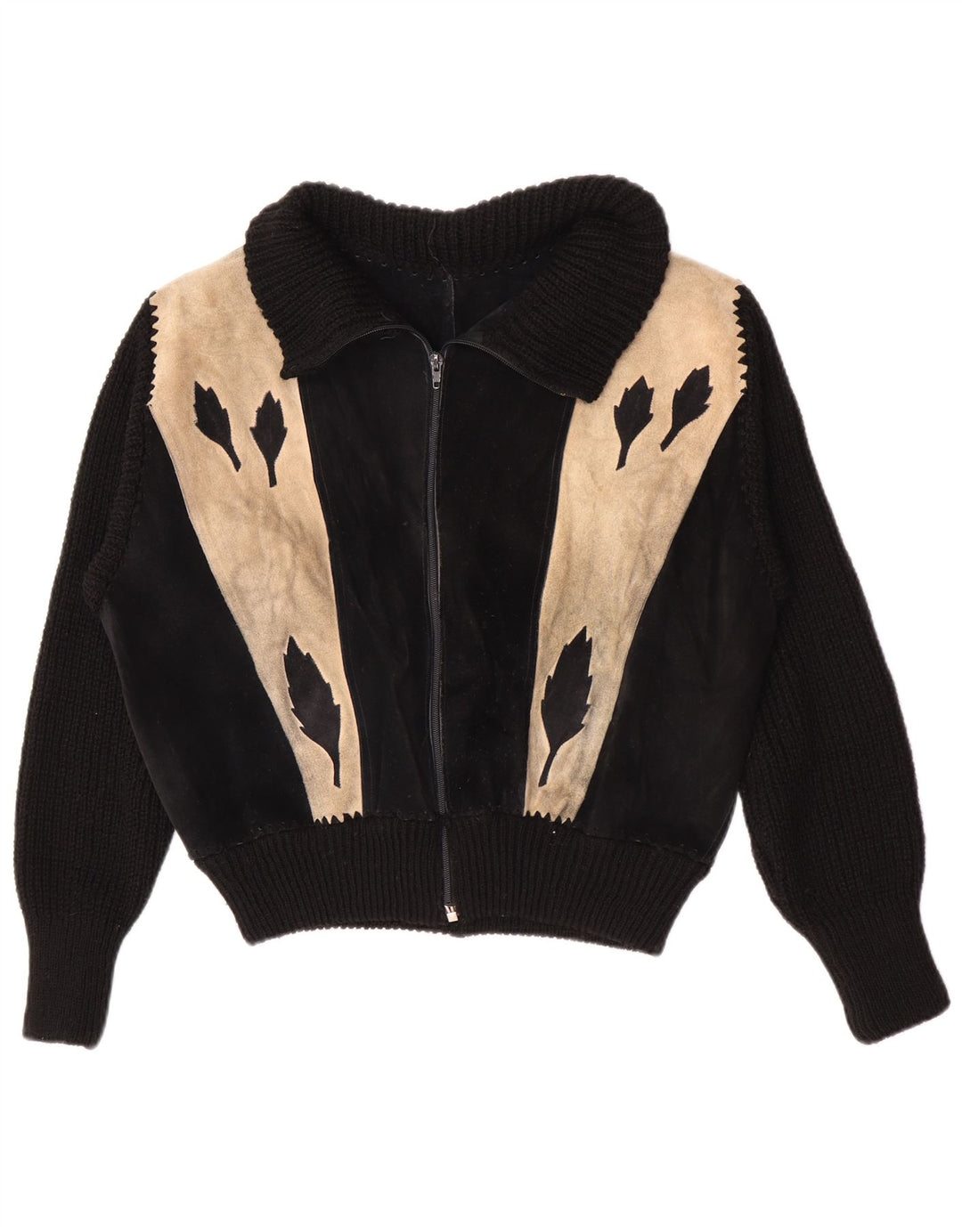 Vintage Damen Bomber-Wildlederjacke UK 16 Large Black Colourblock