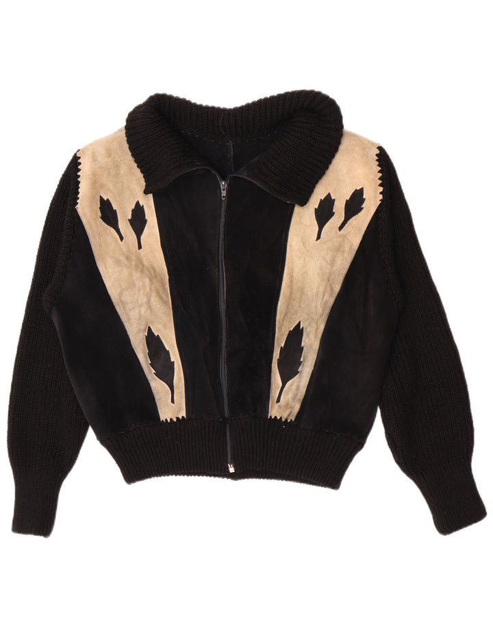 Vintage Damen Bomber-Wildlederjacke UK 16 Large Black Colourblock