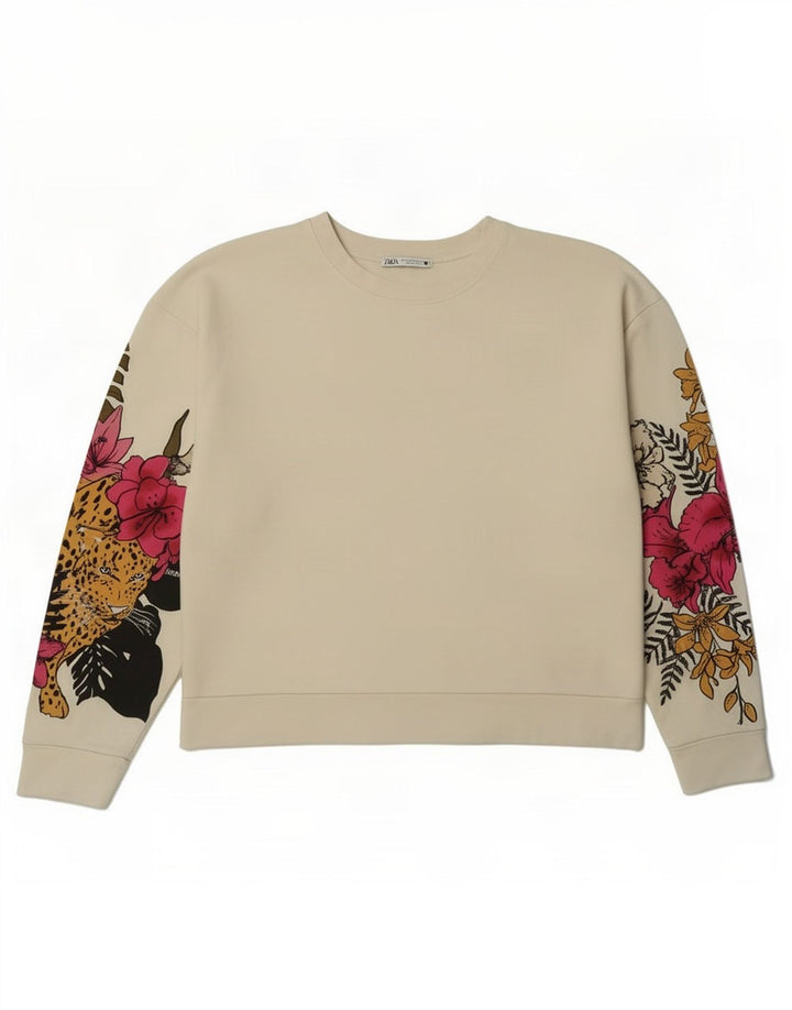 Zara Damen-Sweatshirt mit Grafik-Übergröße, Gr. 14, mittelweiß, geblümt