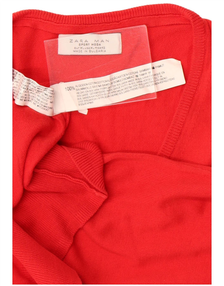 Zara Herren-Pullover mit V-Ausschnitt, XL, rote Baumwolle