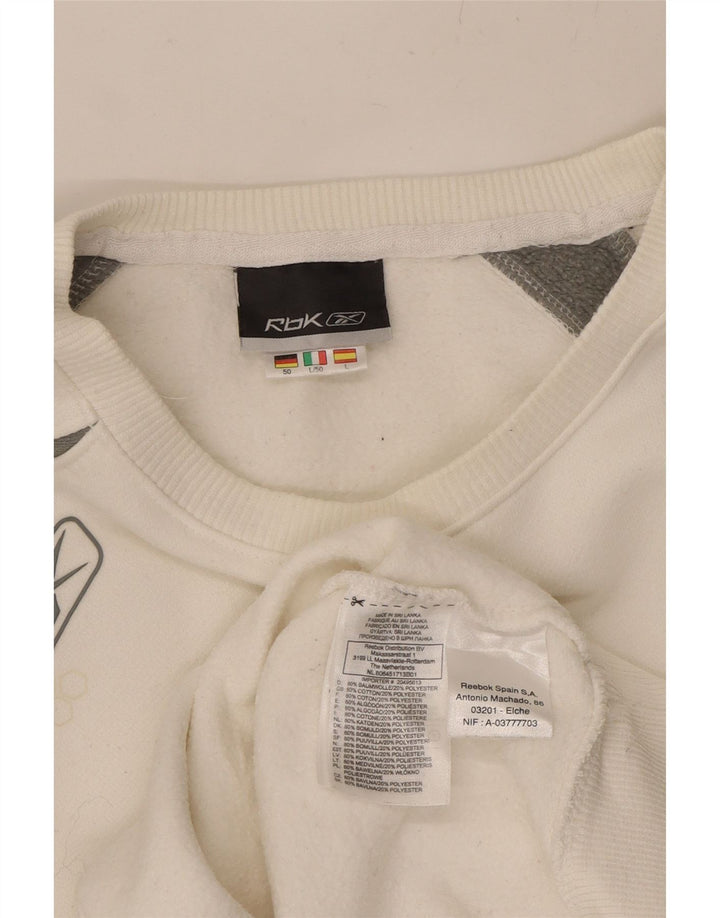 REEBOK Mens Graphic Sweatshirt Jumper Medium White Colourblock Cotton Vintage Reebok and Second-Hand Reebok from Messina Hembry 