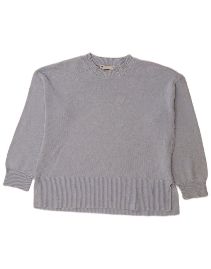 Zara Damen-Pullover, übergroß, Rundhalsausschnitt, UK-Gr. 14, mittelblaue Baumwolle