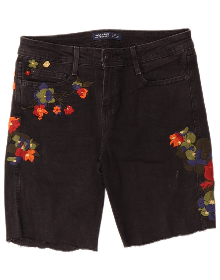 Zara Damen Denim-Shorts mit Grafik, EU 38, Größe S, W28, Schwarz, Blumenmuster, Bohemian-Stil