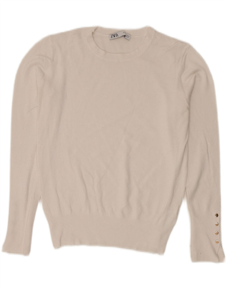 Zara Damen-Pullover mit Rundhalsausschnitt, UK 14, Größe L, weiße Viskose