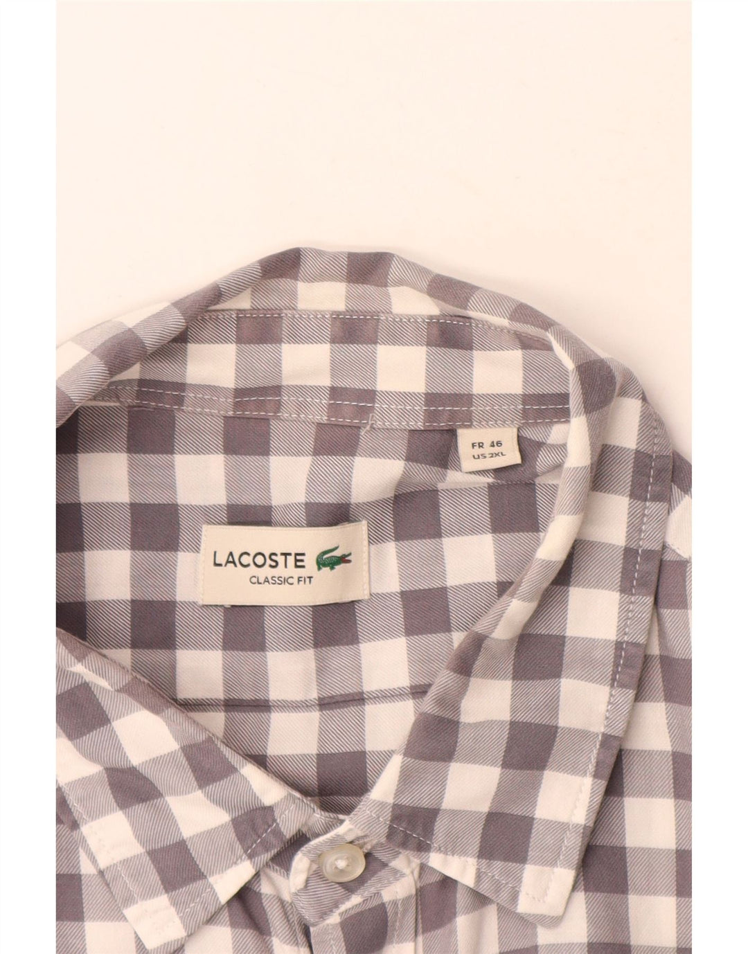 Lacoste Herren-Hemd mit klassischer Passform, Größe 46 2XL, graue Gingham-Baumwolle