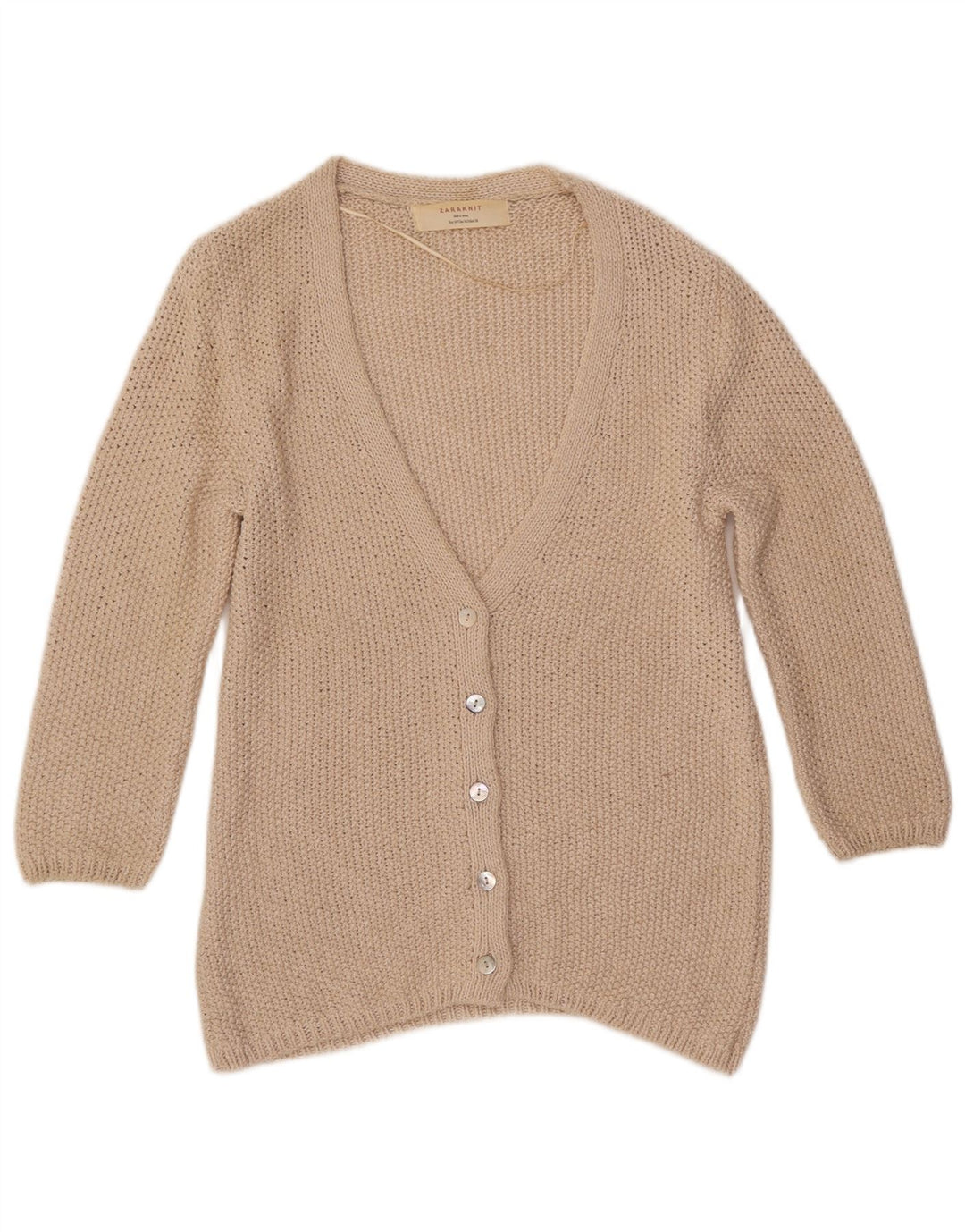 ZARA Damen Strickjacke mit 3/4-Ärmeln, Gr. 12, Mittelbeige