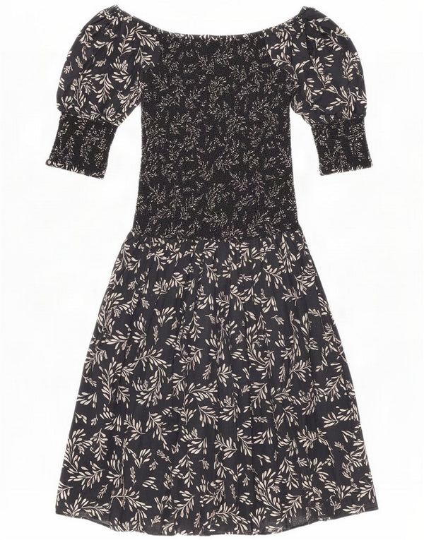 Zara Damen 3/4-Ärmel schulterfreies Kleid UK 6 XS Schwarz geblümtes Polyester