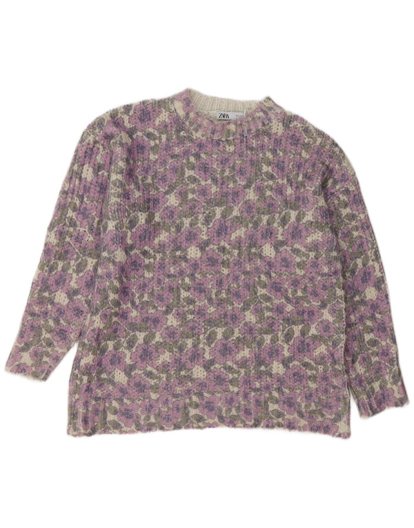 Zara Damen-Pullover, übergroß, Rundhalsausschnitt, Gr. 10, Größe S, Lila, Blumenmuster