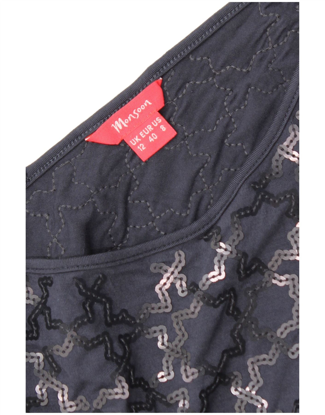 Monsoon Damen-Etuikleid mit kurzen Ärmeln, Größe M, Marineblau, geometrisch
