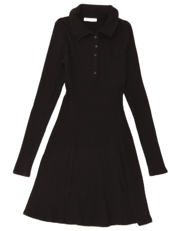 Zara Damen Langarm-Polokleid UK 12 Medium Schwarz