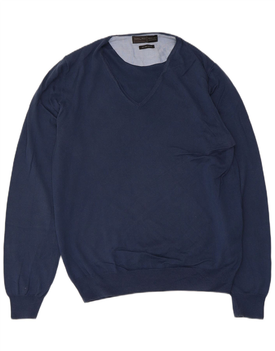 Zara Herren-Pullover mit V-Ausschnitt, groß, marineblaue Baumwolle