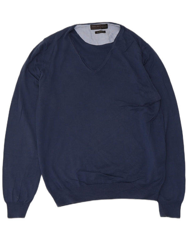 Zara Herren-Pullover mit V-Ausschnitt, groß, marineblaue Baumwolle