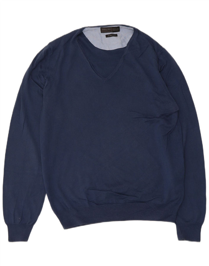 Zara Herren-Pullover mit V-Ausschnitt, groß, marineblaue Baumwolle