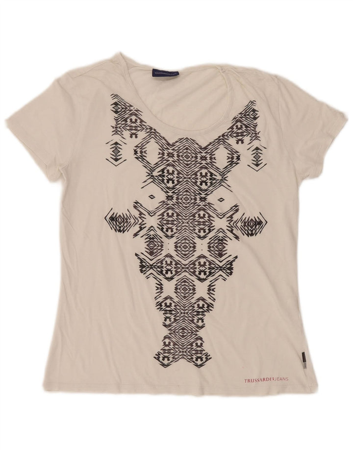TRUSSARDI JEANS Damen Grafik-T-Shirt-Oberteil UK 14 Large Weiß Geometrisch
