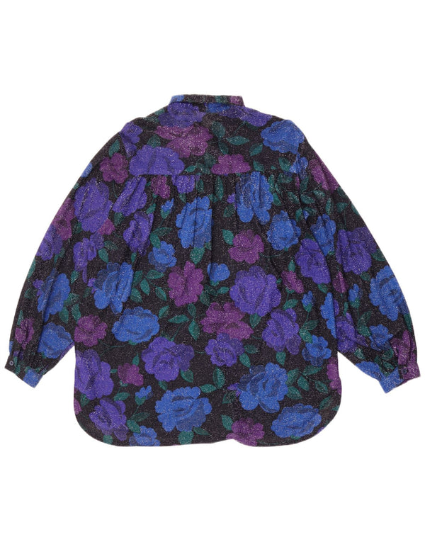 Vintage Damen Übergroße Hemdbluse UK 16 Großes blaues Blumenmuster