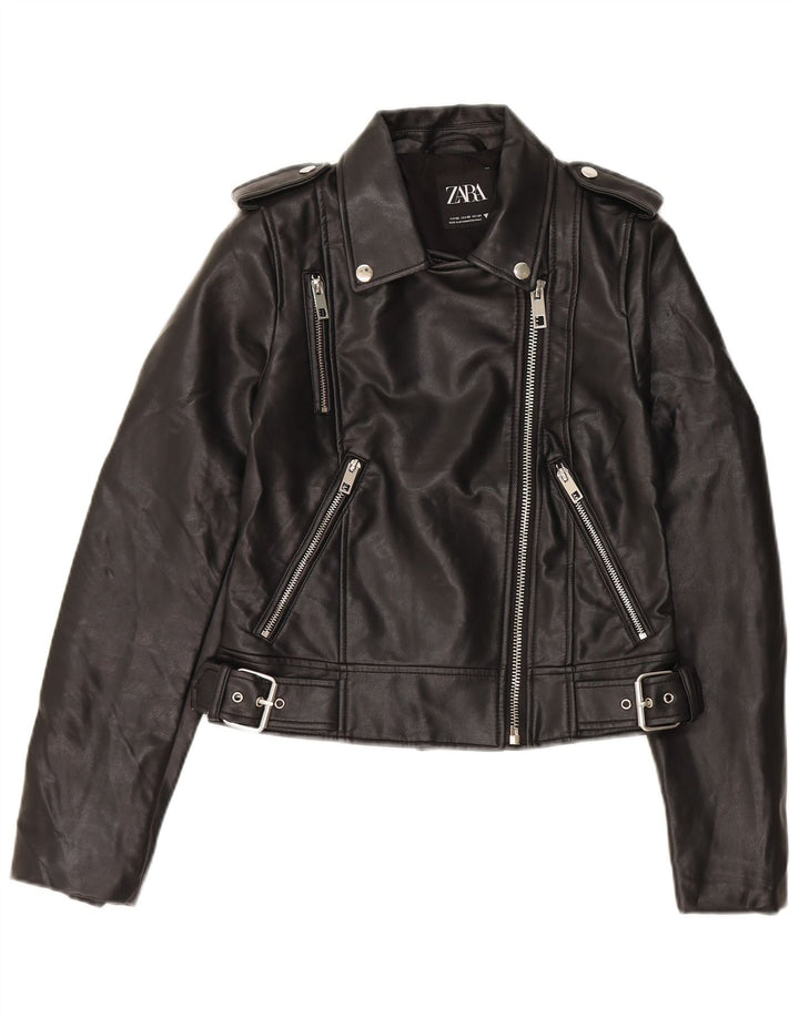 Zara Damen Crop Kunstleder Bikerjacke UK 6 XS Schwarz Polyurethan