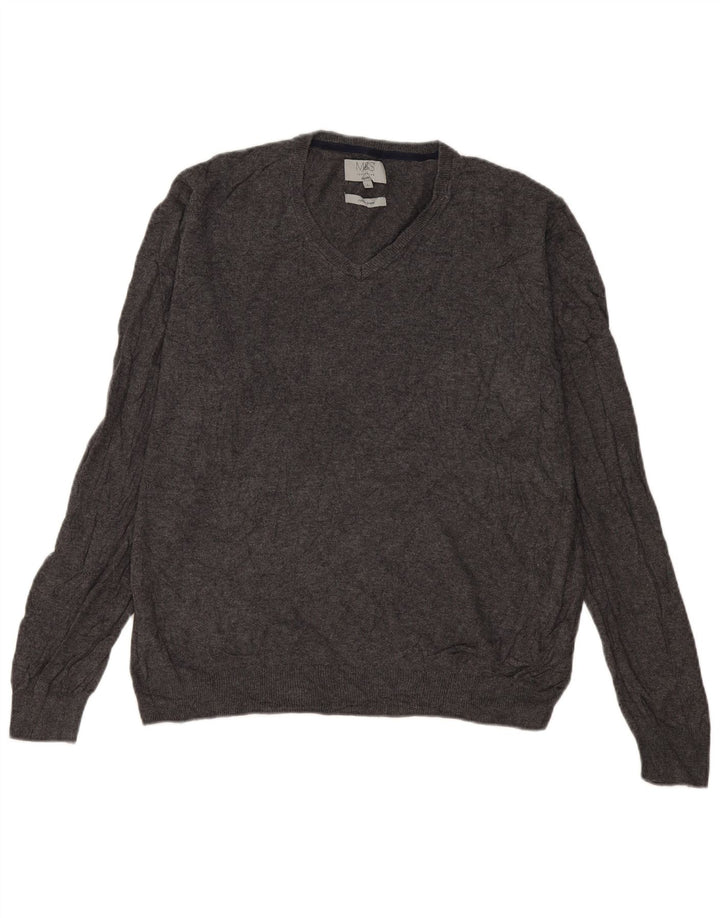 Marks & Spencer Herren-Pullover mit V-Ausschnitt, groß, aus grauer Baumwolle