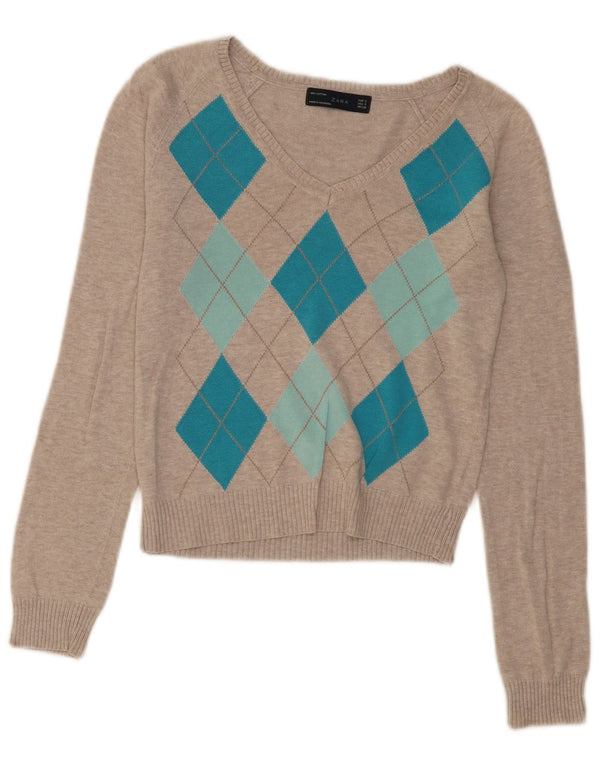 Zara Damen Crop V-Ausschnitt Pullover Pullover UK 10 Small Beige Argyle/Diamant