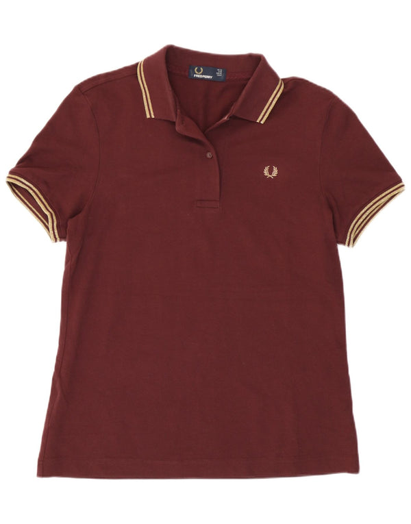Fred Perry Damen Poloshirt UK 12 Medium Burgunderrot gestreift aus Baumwolle