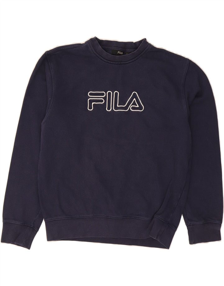 FILA Mens Graphic Sweatshirt Jumper Small Navy Blue Cotton Vintage Fila and Second-Hand Fila from Messina Hembry 