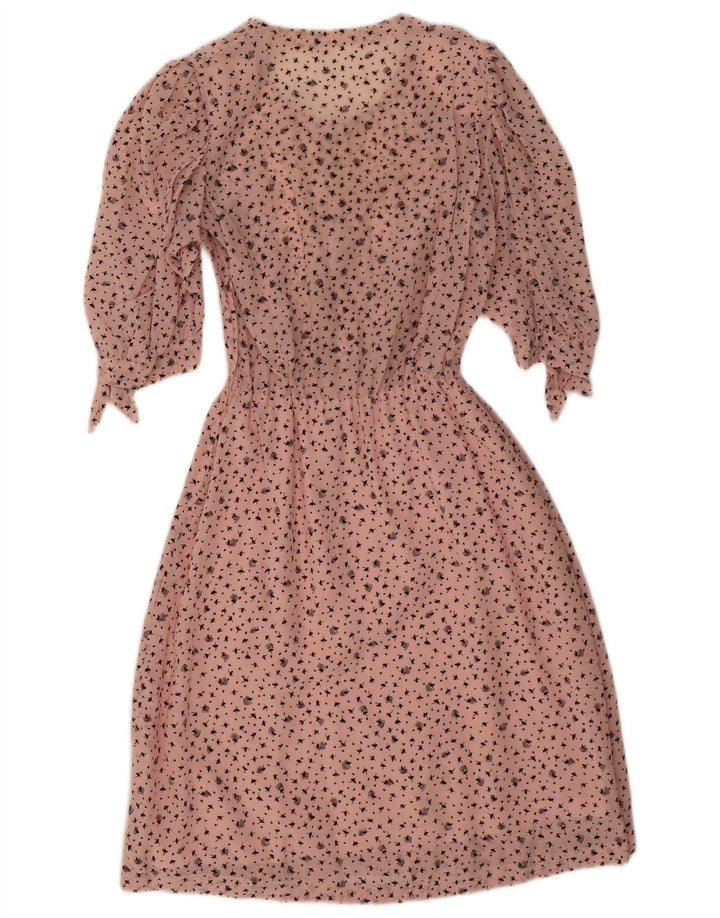 Vintage-Damenkleid mit abstraktem Muster und 3/4-Ärmeln in A-Linie, Gr. 8, klein, Rosa
