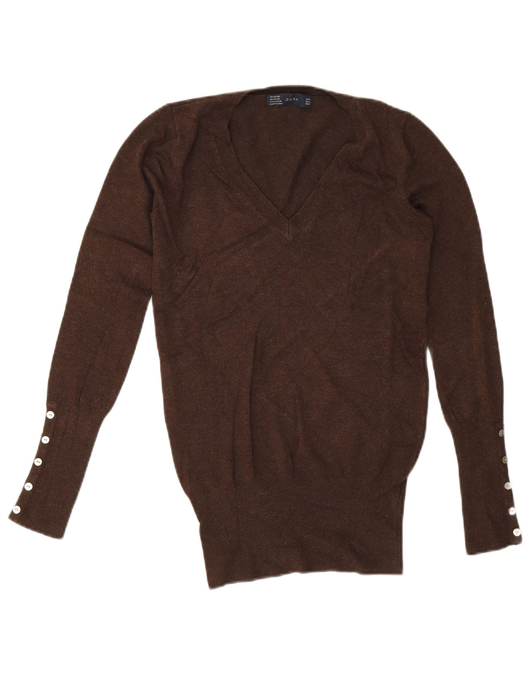 Zara Damen-Pullover mit V-Ausschnitt, UK 12, Mittelbraun, Viskose