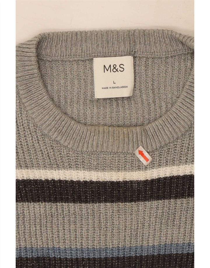 Marks & Spencer Herren-Pullover mit Rundhalsausschnitt, groß, grau gestreift, Polyester