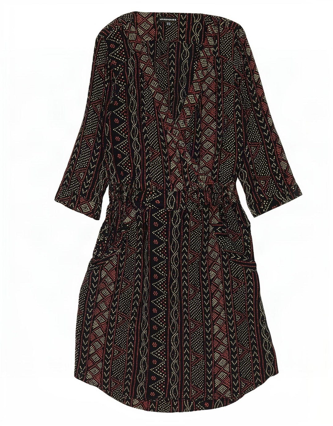 Warehouse Damen-Empire-Kleid mit 3/4-Ärmeln, UK 12, Mittelschwarz, geometrisch