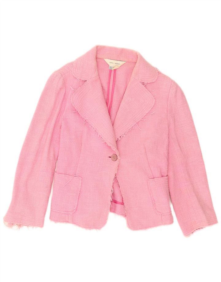 Zara Damen Crop 1-Knopf-Blazerjacke EU 42 Große rosa Baumwolle