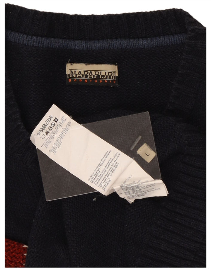 NAPAPIJRI Herren-Pullover mit grafischem Rundhalsausschnitt, groß, marineblaue Baumwolle