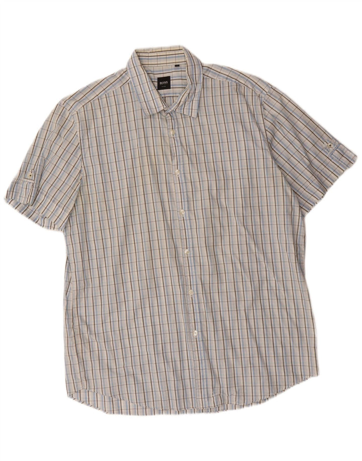Hugo Boss Herren Kurzarmhemd XL blau kariert Baumwolle