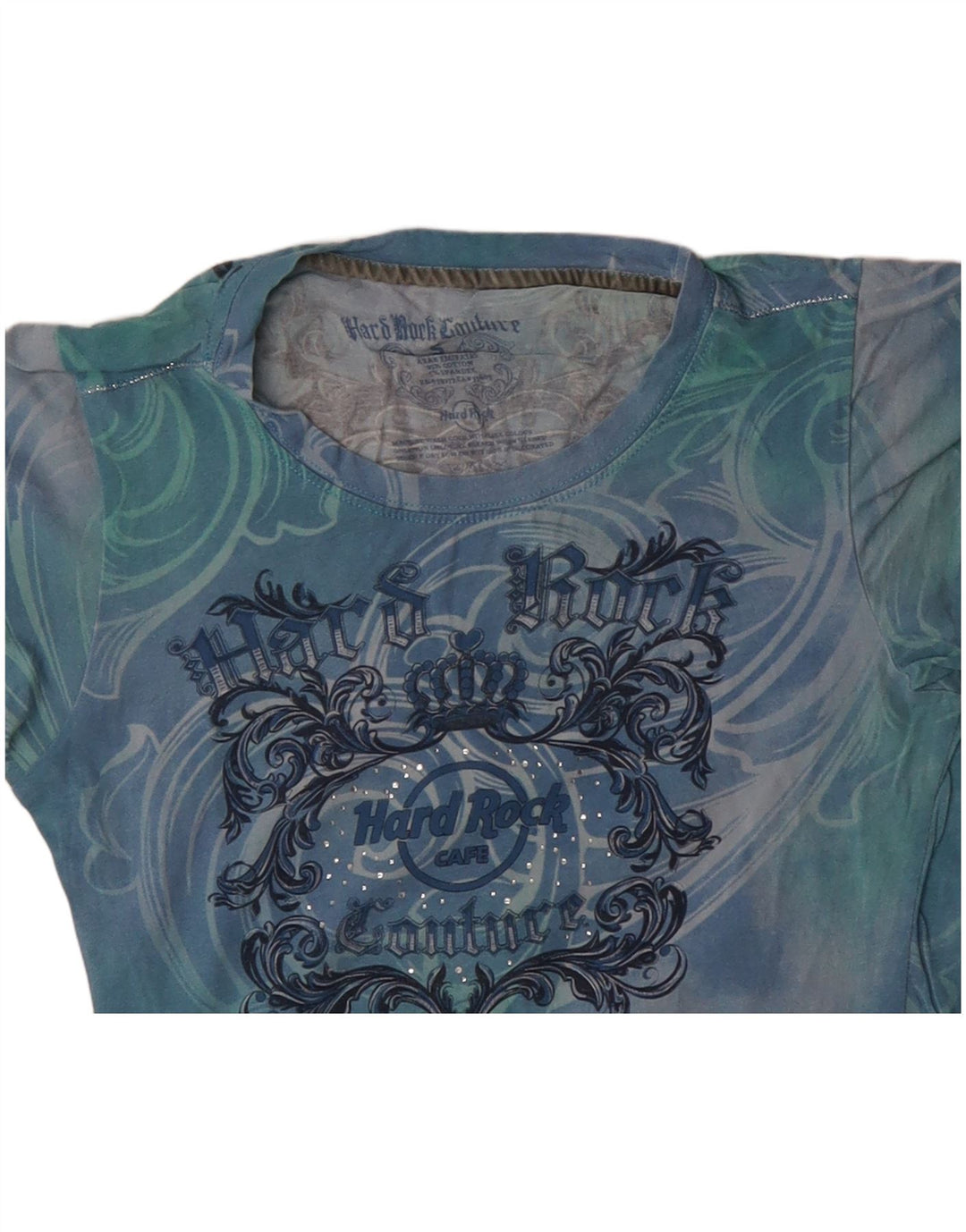 HARD ROCK CAFE Damen Couture Grafik T-Shirt Top UK 8 Small Blue Tie Dye