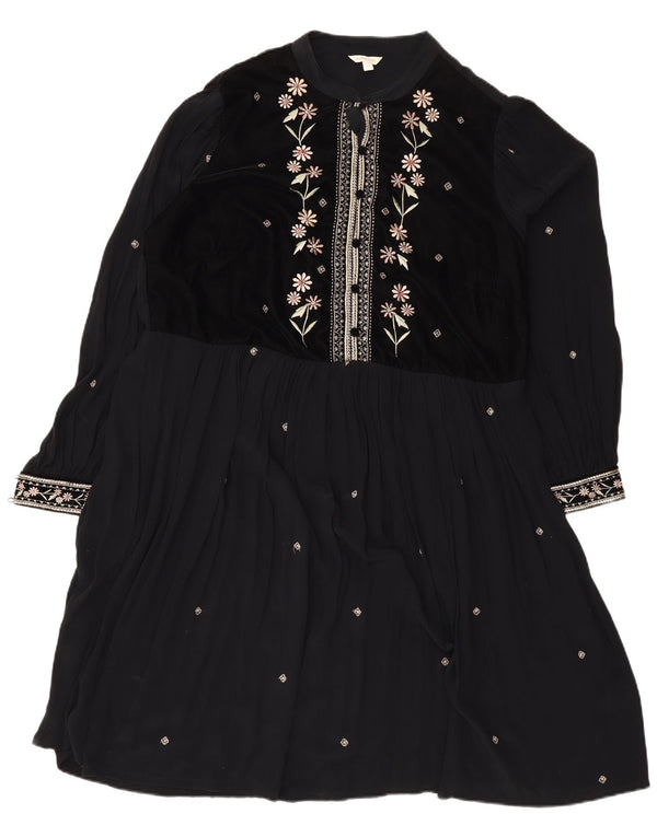 Monsoon Damen Langarm-A-Linien-Kleid UK 18 XL Schwarz geblümtes Polyester
